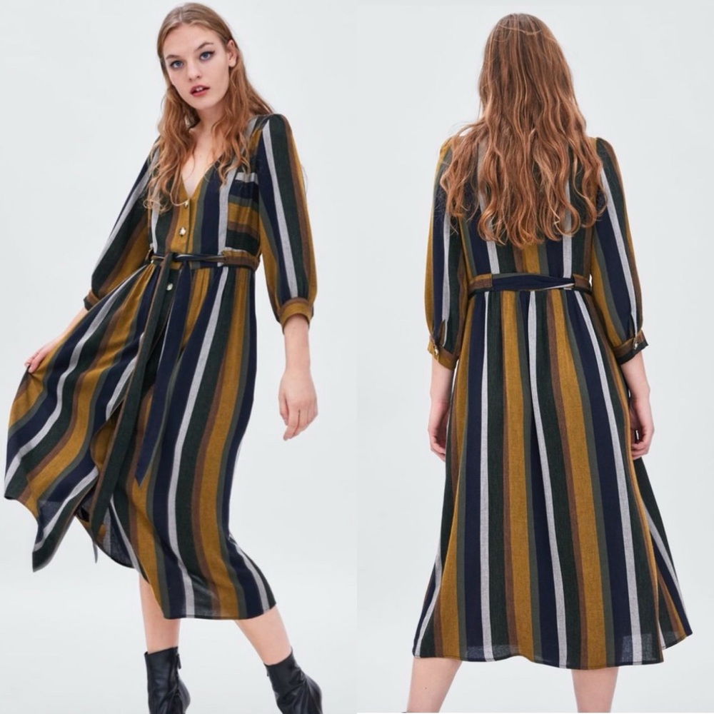 Zara Striped A-Line Midi Dress